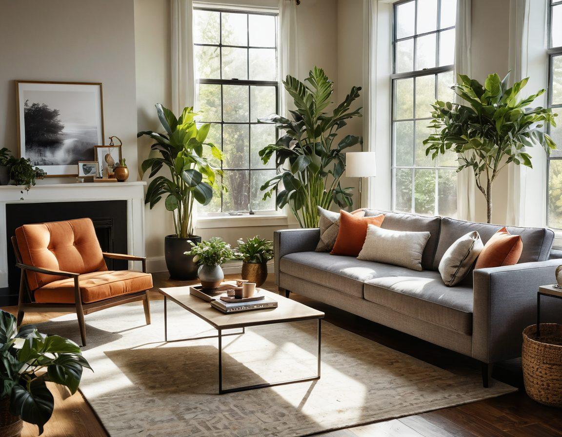 A cozy living room showcasing a mix of stylish and affordable furniture, featuring a sleek sofa, a unique coffee table, and decorative accents. Sunlight streaming through large windows enhances the elegant yet comfortable atmosphere, surrounded by lush indoor plants. Highlight various color schemes and textures to reflect diverse styles. Include a subtle hint of modern design elements. vibrant colors. super-realistic.