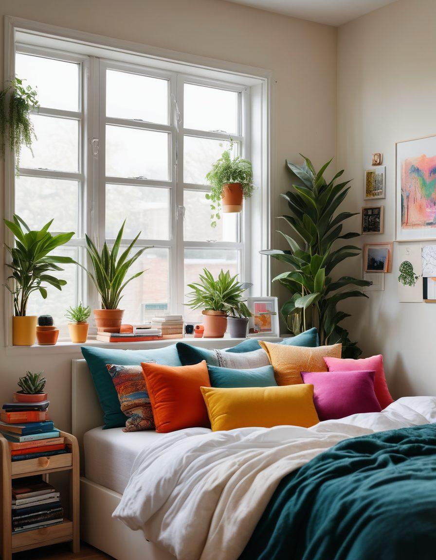 A cozy bedroom transitioning into a stylish workspace, showcasing affordable decor solutions like colorful cushions, wall art, plants, and organizational tools. The light should create a warm, inviting atmosphere as it filters through the window, illuminating the blend of tranquility and productivity. Include hints of personal touches like books and stationery. super-realistic. vibrant colors. bright background.
