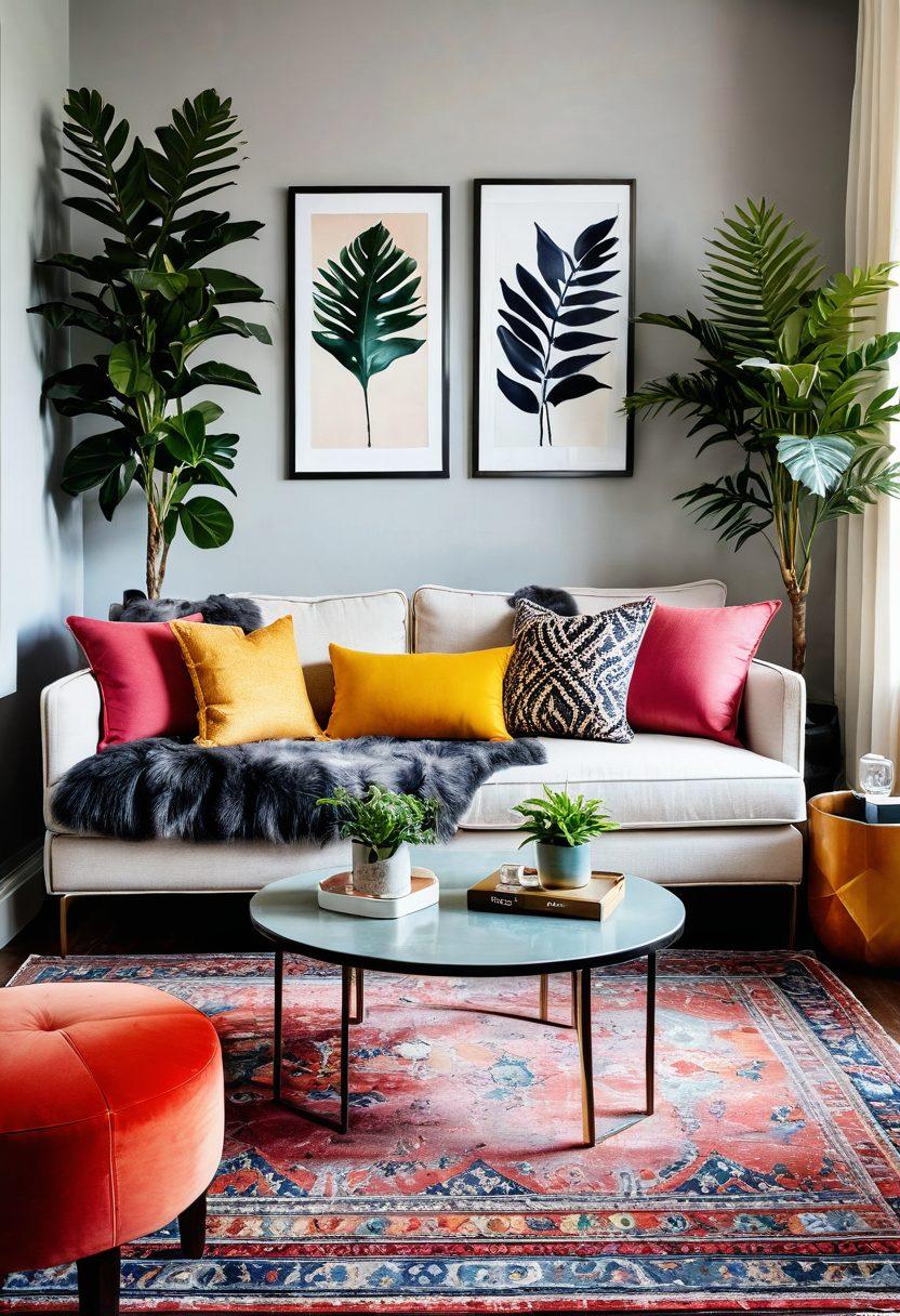A beautifully styled living room showcasing a perfect blend of chic and affordable furnishings. Include a cozy sofa adorned with vibrant cushions, a stylish yet budget-friendly coffee table, and a tastefully decorated bookshelf. The room should be bathed in warm, natural light, highlighting decorative plants and colorful wall art to create an inviting atmosphere. Emphasize the contrast between luxury and affordability with a chic rug underfoot. super-realistic. vibrant colors. soft lighting.